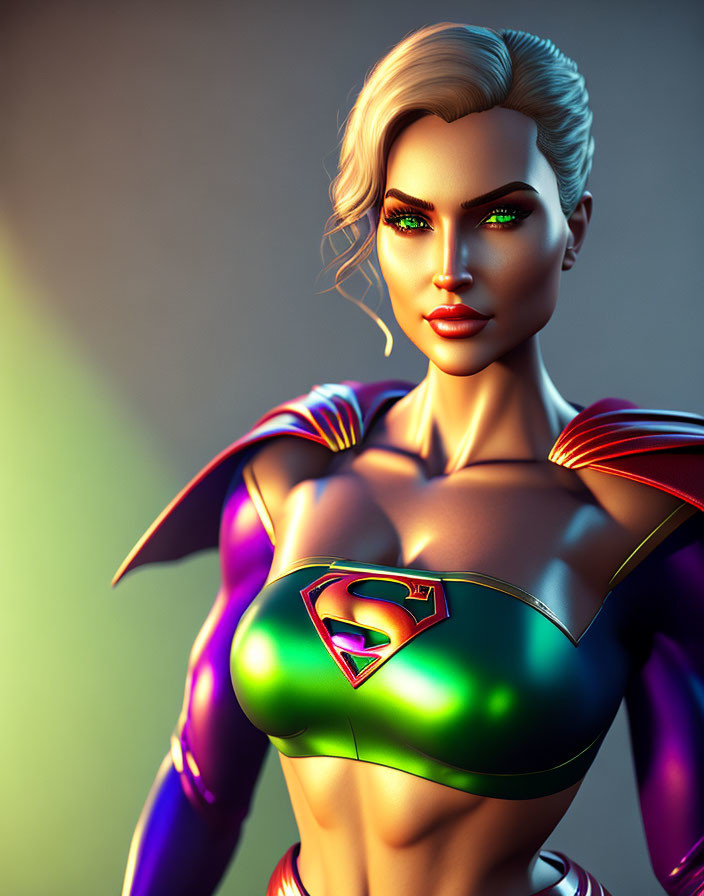 Female Superhero in Modernized Superman Costume with Metallic Finish and Green Eyes