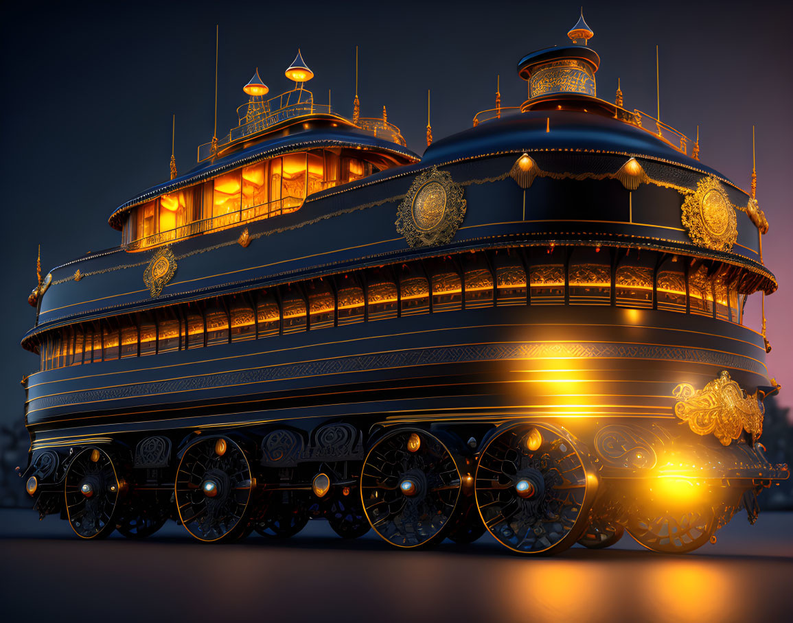 Ornate steam locomotive with glowing windows and gold detailing