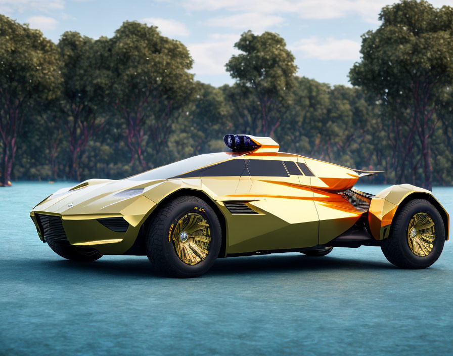 Sleek Gold and Orange Futuristic Police Car by Lake