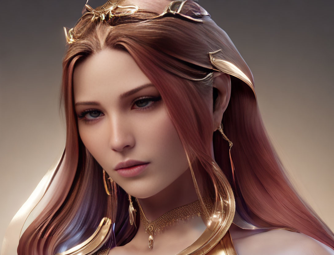 Digital Artwork: Woman with Fantasy Style, Auburn Hair, Golden Accessories