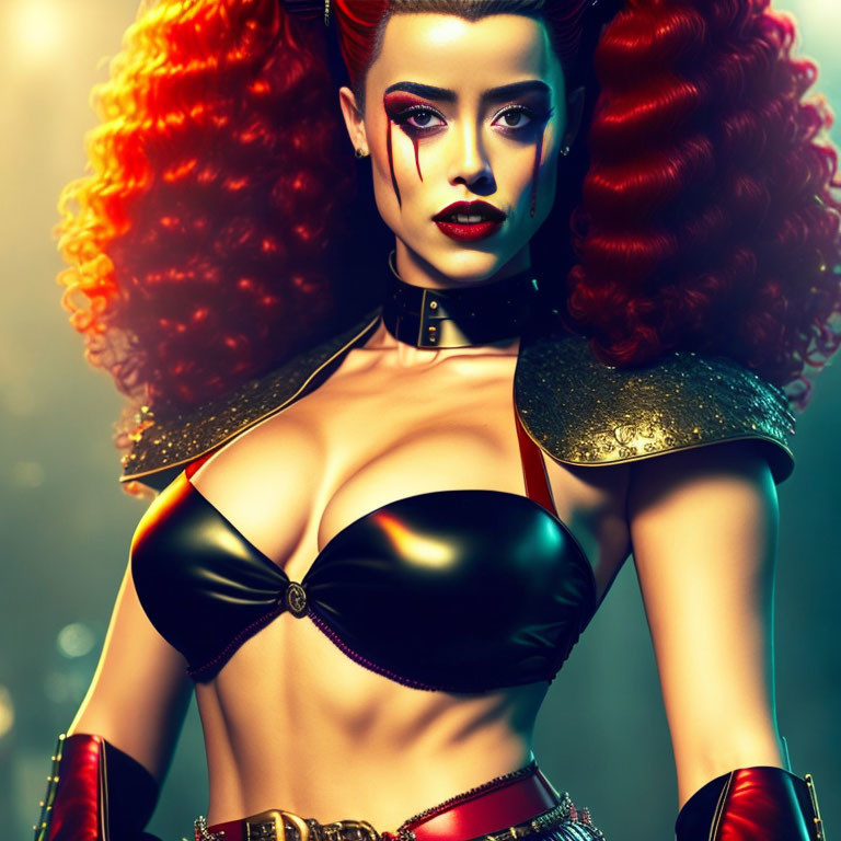 Stylized image of woman with voluminous red hair and dramatic makeup in black and gold futuristic outfit