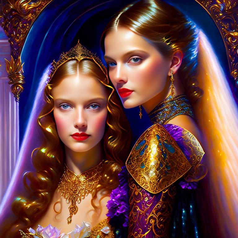 Fantasy artwork of two women in regal attire with jewelry on glowing blue background