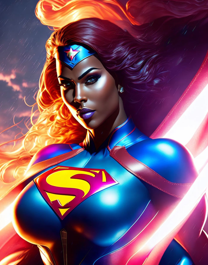 Female superhero with flowing hair in Wonder Woman headpiece and Superman emblem suit against fiery cosmic backdrop