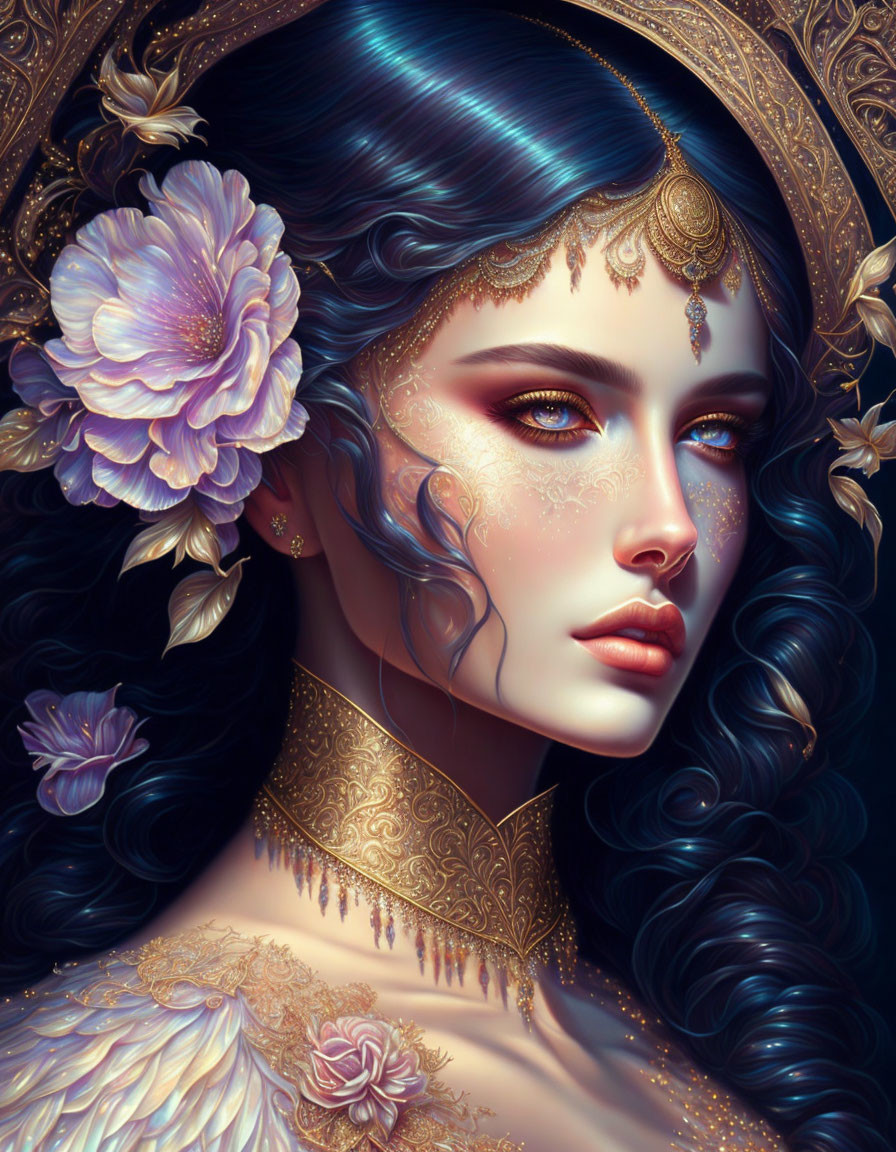 Detailed Digital Artwork: Woman with Dark Hair, Gold Jewelry, Purple Flowers