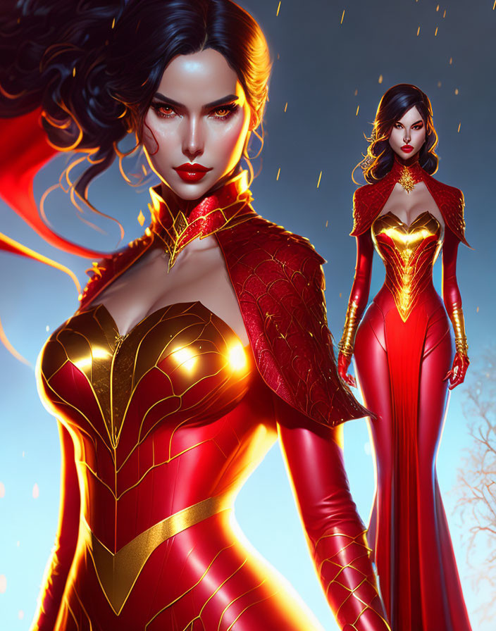 Woman in Red and Gold Superhero Costume with Luminous Magical Ambiance