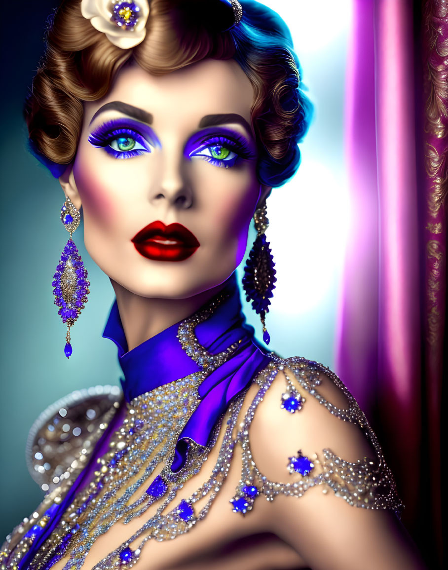 Portrait of a person in vintage glamor style with vibrant blue eyeshadow, red lips, and