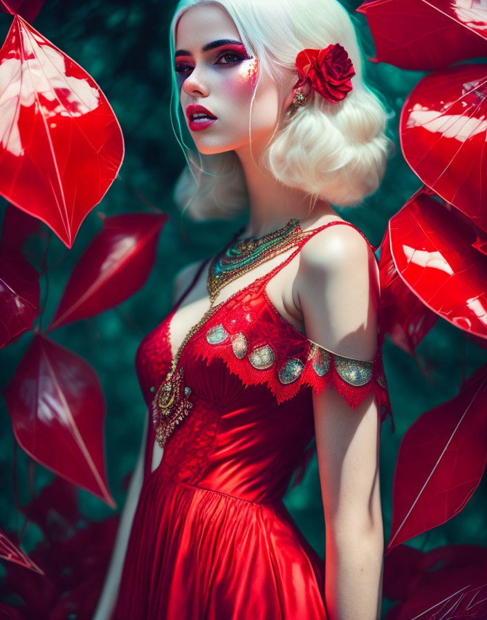 Platinum blonde woman in red gown with red lipstick and flower in hair