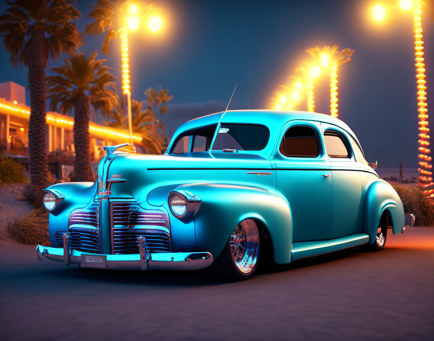 Vintage turquoise car with white-wall tires parked near palm trees at twilight