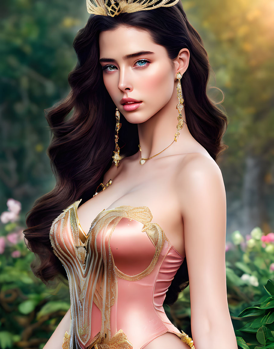 Digital artwork featuring woman with long wavy hair, blue eyes, golden tiara, pink-gold