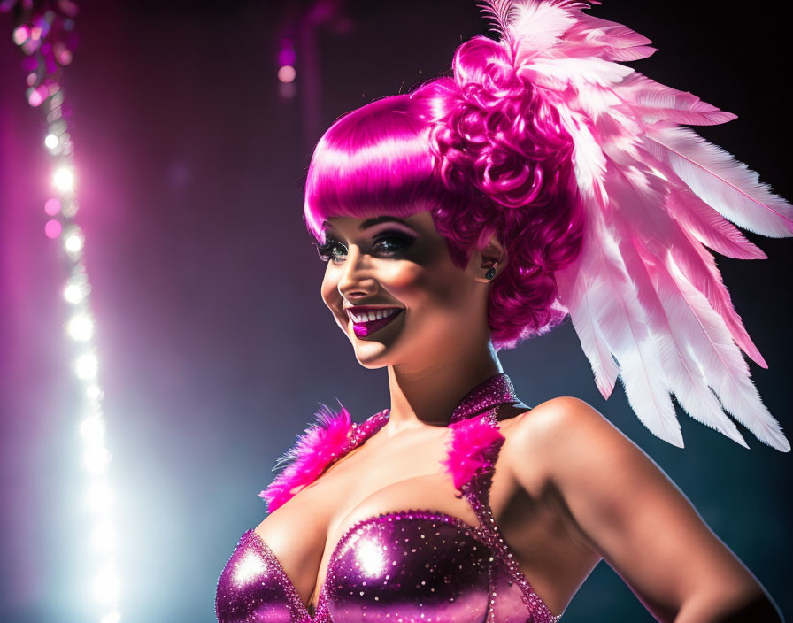 Vibrant pink wig and feathered headdress on woman under stage lights