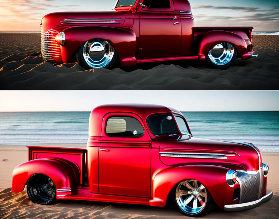 Vintage Red Pickup Truck with Chrome Details on Sandy Beach at Sunset