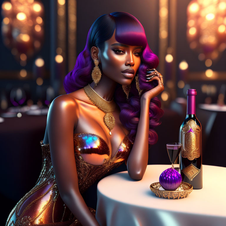 Elegant woman with purple hair and gold attire at luxurious setting