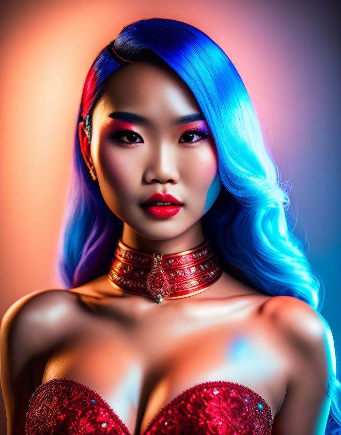 Vibrant blue hair woman with bold makeup and red choker in detailed outfit