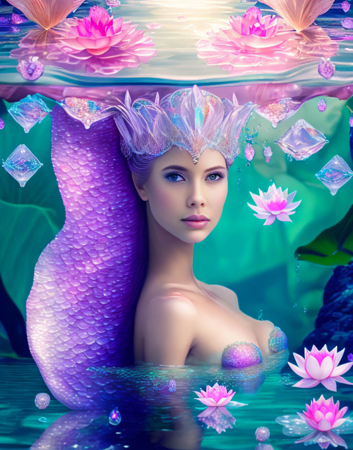 Mystical purple-tailed mermaid in lily pond with crown, pink flowers, and glowing