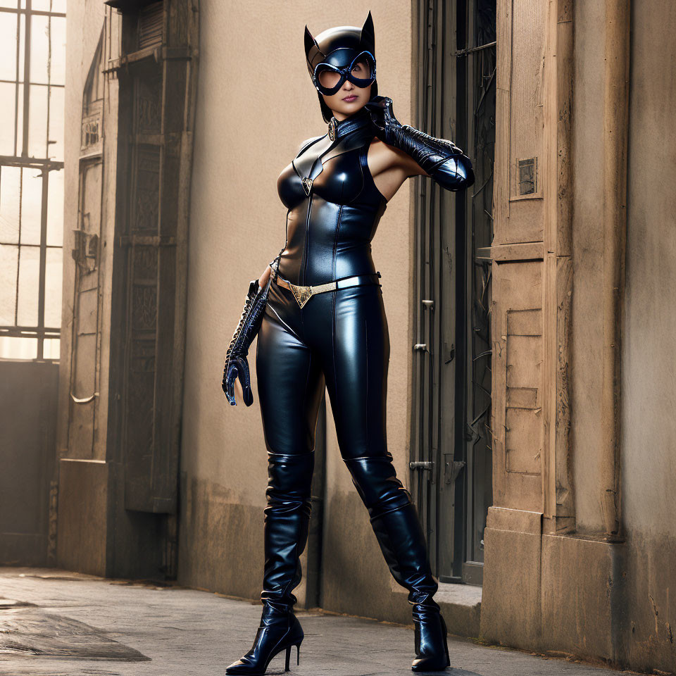 Person in Catwoman Costume with Whip in Urban Alleyway