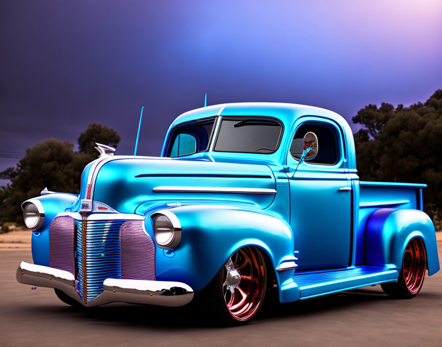 Custom Blue Pickup Truck with Chrome Details and Lowered Suspension in Dusky Sky