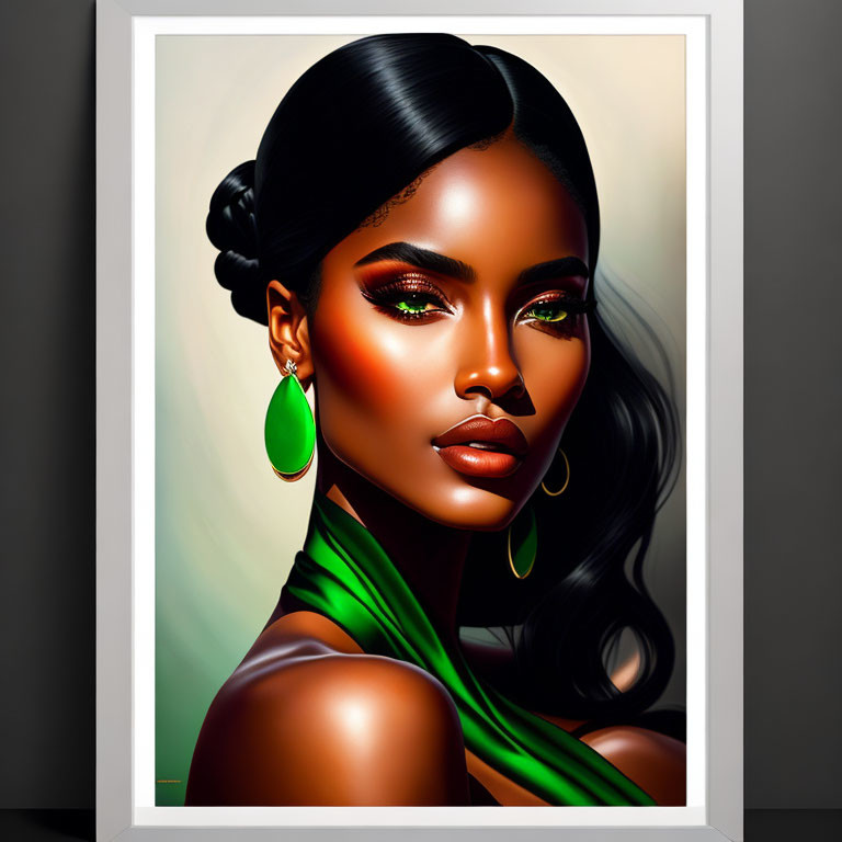 Sleek Hair Woman with Green Eyeshadow and Earrings in Green Garment Illustration