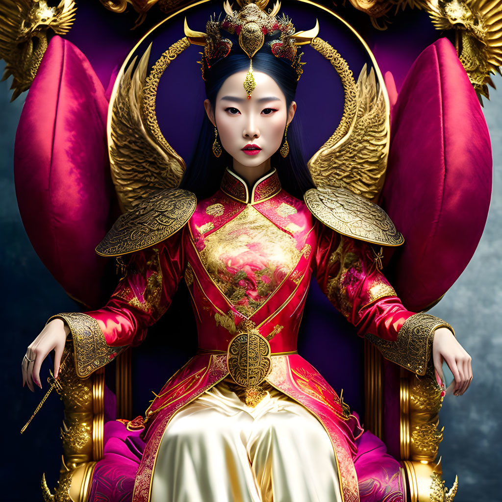 Opulent portrait of a woman styled as historical East Asian queen in red and gold attire on a reg