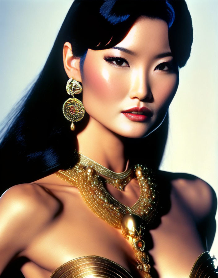 Asian Woman with Long Black Hair and Golden Accessories Poses Confidently