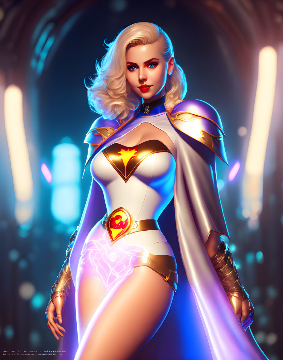 Blonde Female Superhero in White and Gold Costume