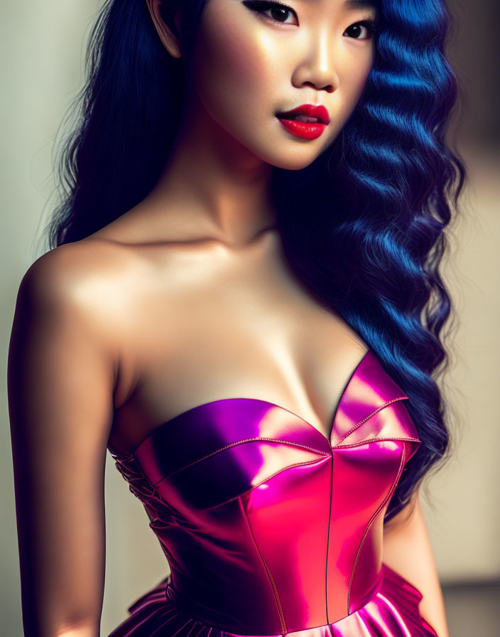 Vibrant blue wavy hair woman in glossy pink strapless dress