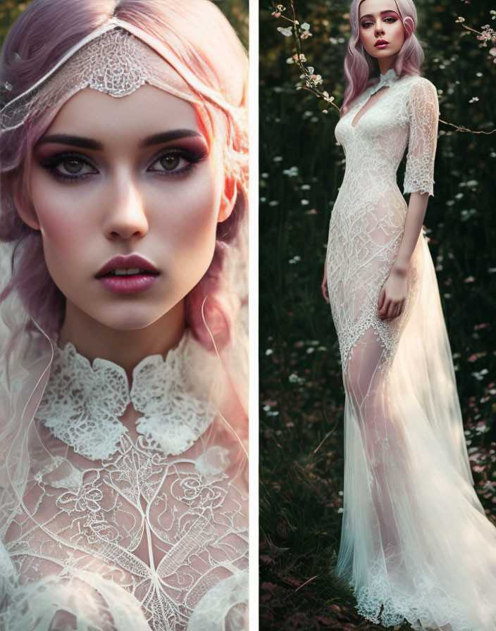 Pink-haired woman in white lace dress and headpiece surrounded by foliage.