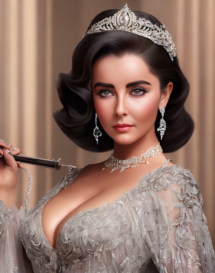 Vintage-inspired elegant woman with tiara, sophisticated hairstyle, diamond jewelry, lace gown, and cigarette holder