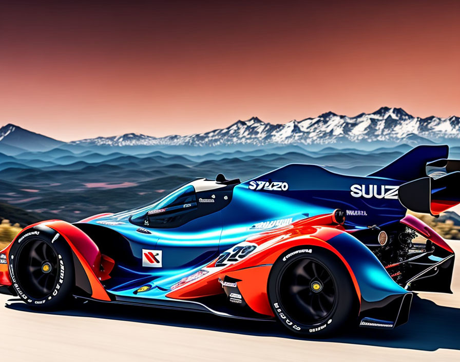 Blue Racing Car with Red and White Accents Against Mountain Background