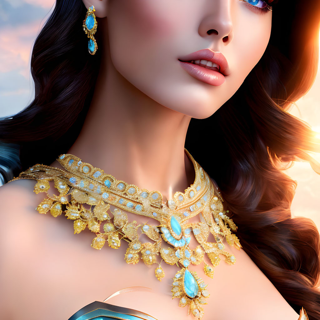 Close-Up of Woman with Long Wavy Brown Hair in Gold Jewelry