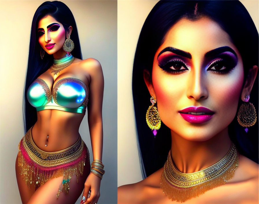 Digital art: Woman with elaborate makeup, metallic green top, and gold skirt