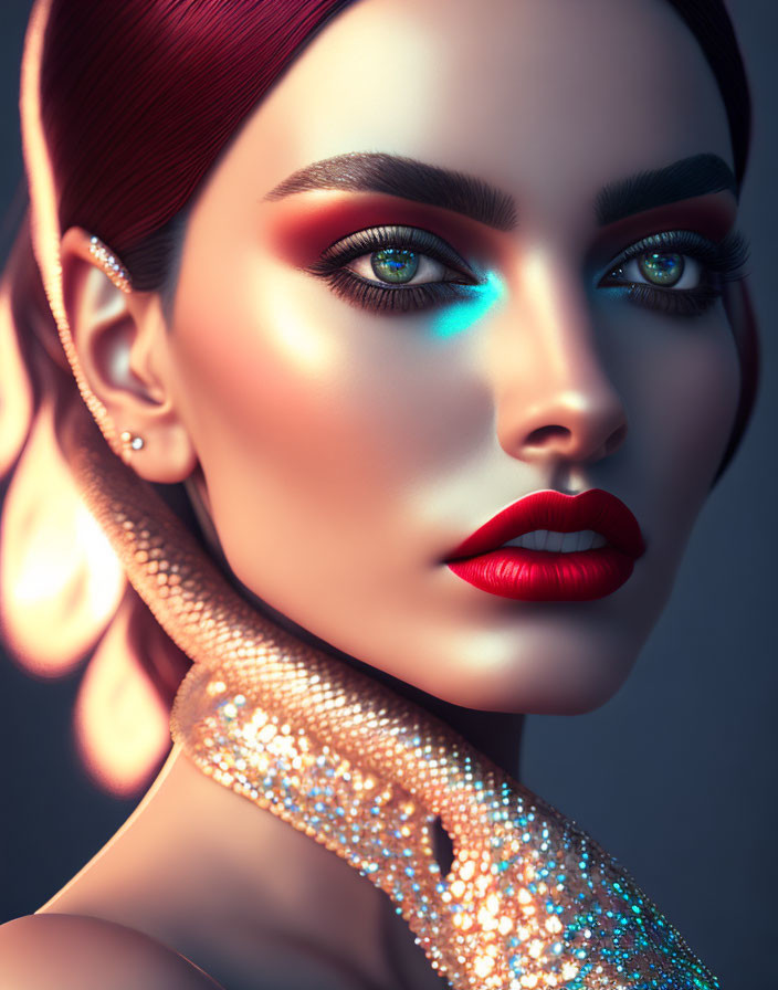 Digital Artwork: Woman with Blue Eyes, Red Lipstick, Sequined Neckpiece, Earrings