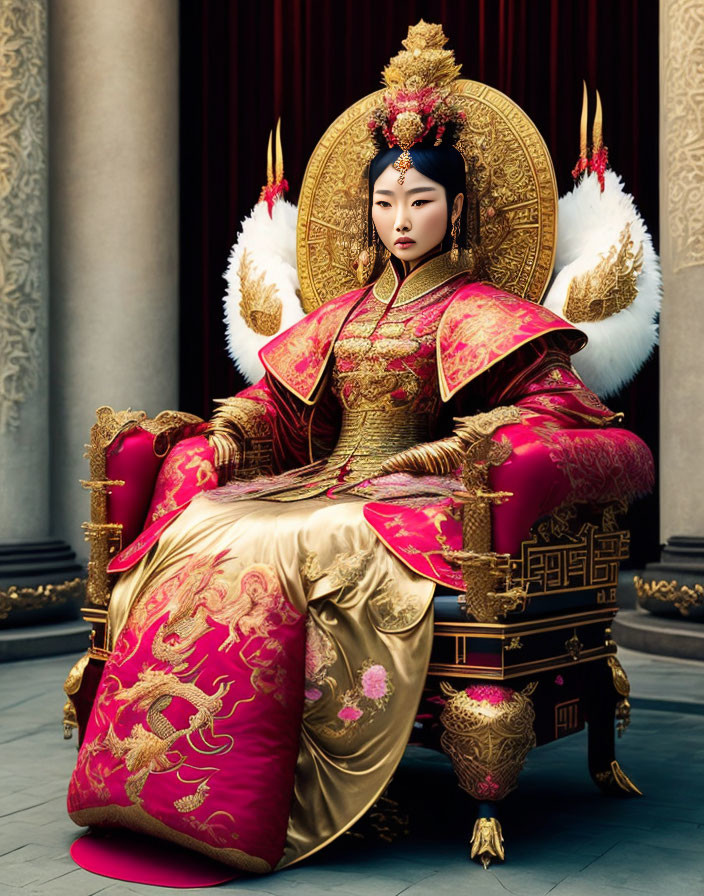 Elaborate traditional Chinese royal attire on woman sitting on throne