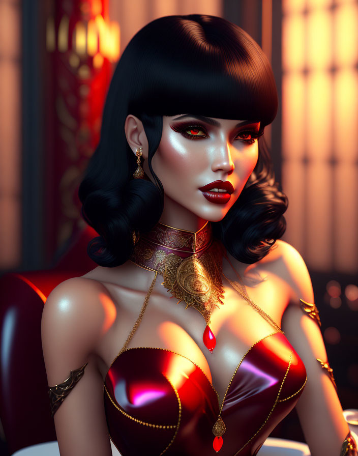 3D-rendered image of woman with sleek bob haircut and gold jewelry