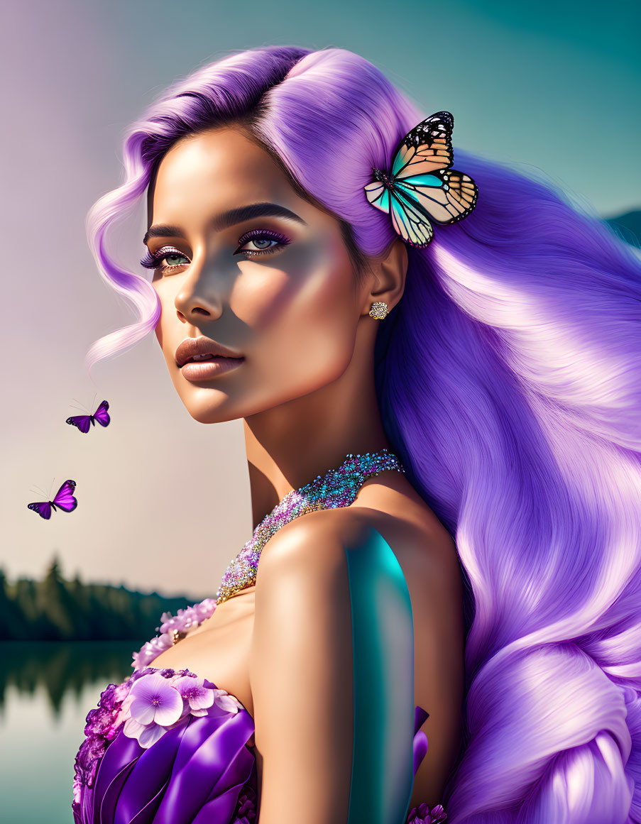 Digital artwork: Woman with purple hair, butterflies, jeweled dress, serene lake.