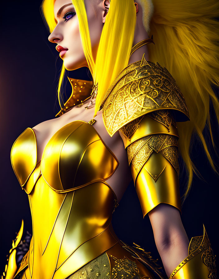 3D Rendered Image: Woman with Yellow Hair & Gold Armor