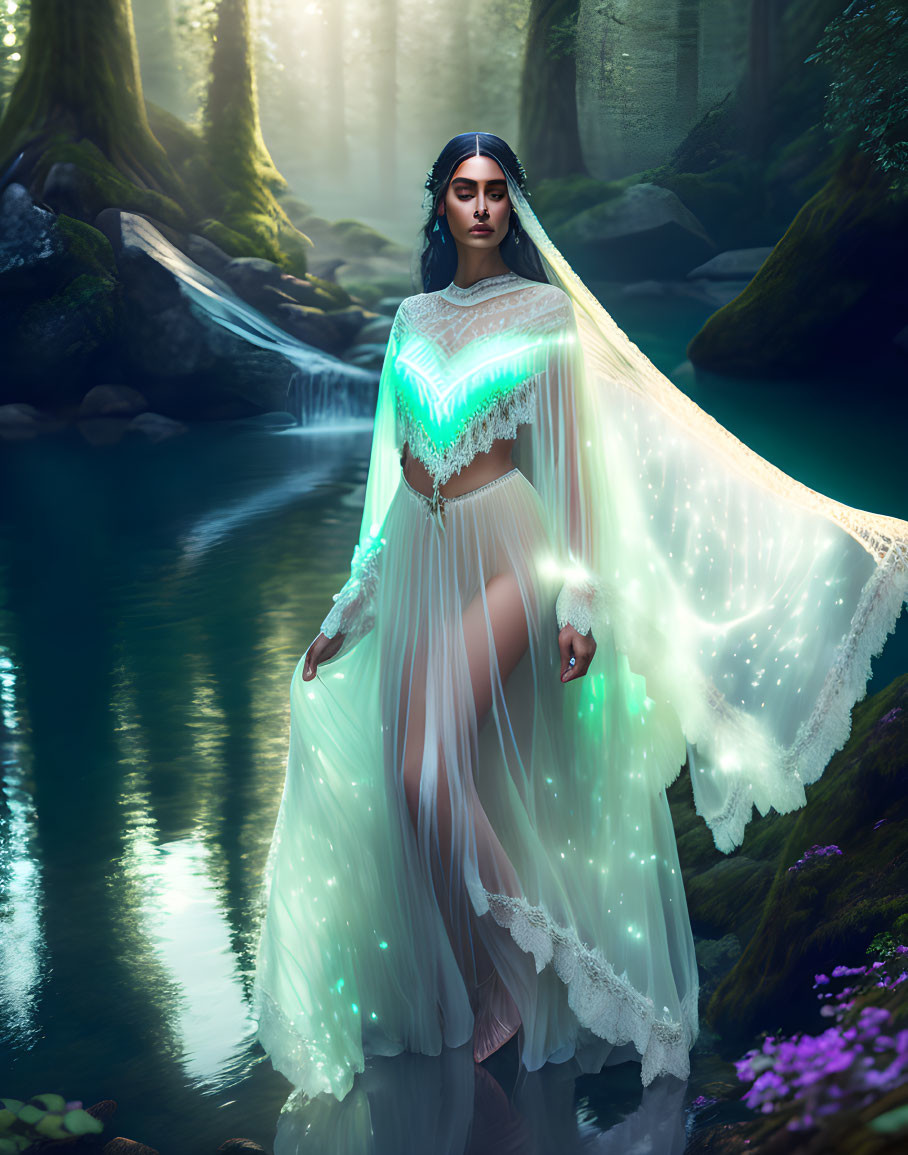 Mystical woman in white dress by forest stream surrounded by greenery