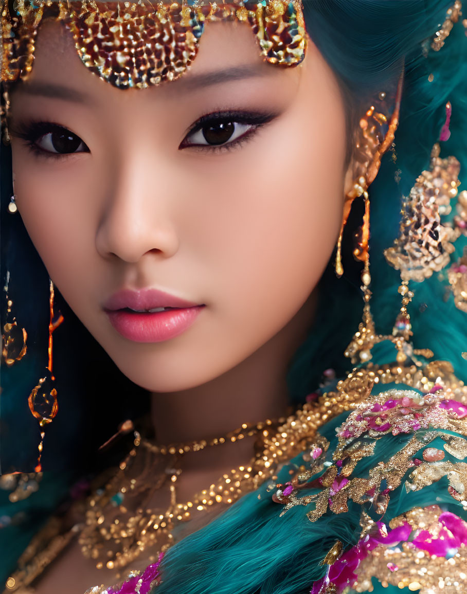 Turquoise-haired woman in gold jewelry gazes at camera