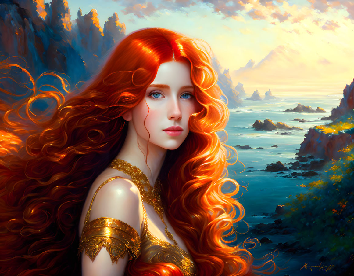 Red-Haired Woman with Blue Eyes in Coastal Sunset Landscape