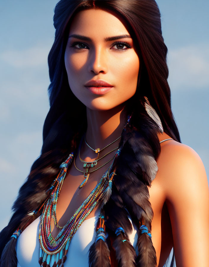 Detailed 3D illustration of woman with braided hair and beaded necklace