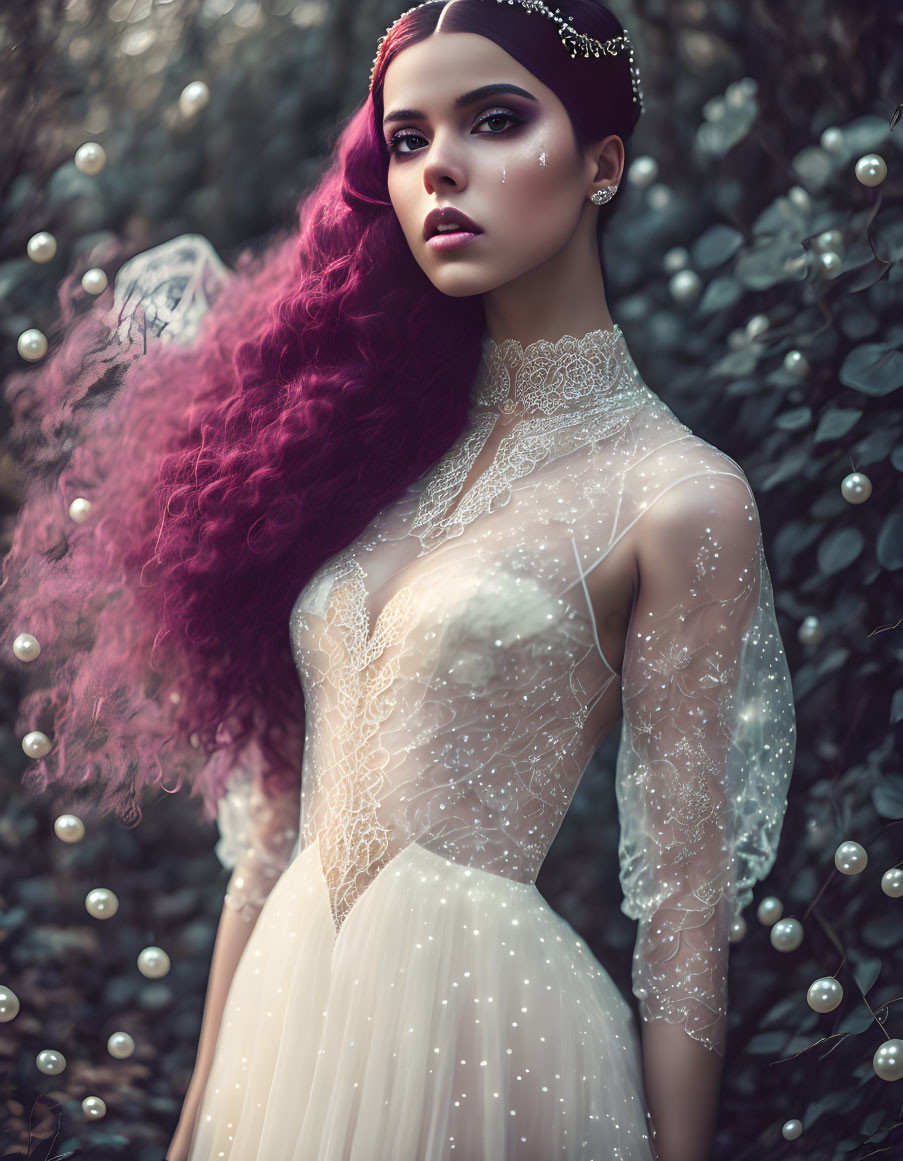 Vibrant Purple-Haired Woman in White Gown with Tiara and Floating Orbs