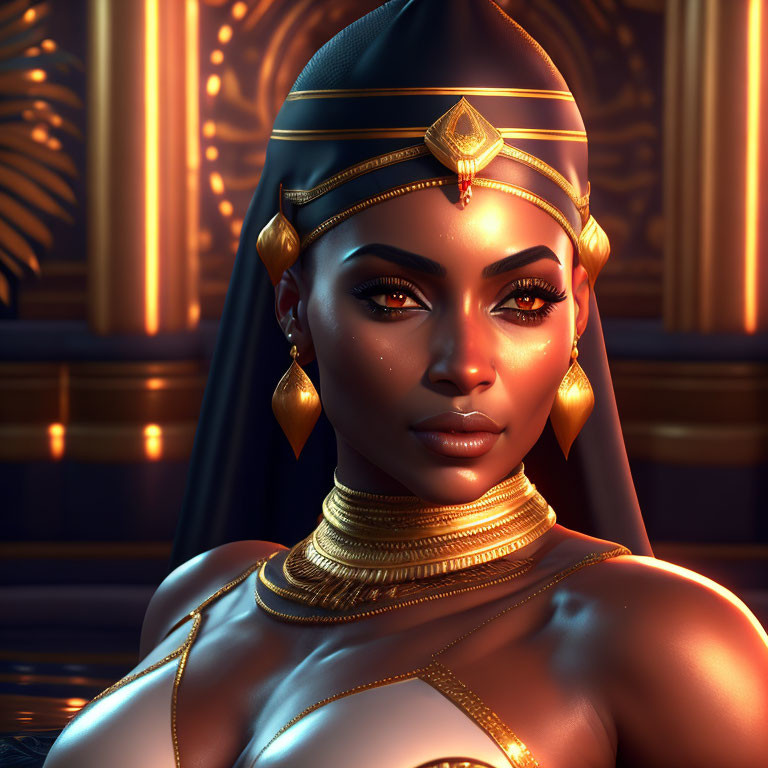 Digital 3D portrait of woman styled as Egyptian queen with golden jewelry and headpiece on warm-l