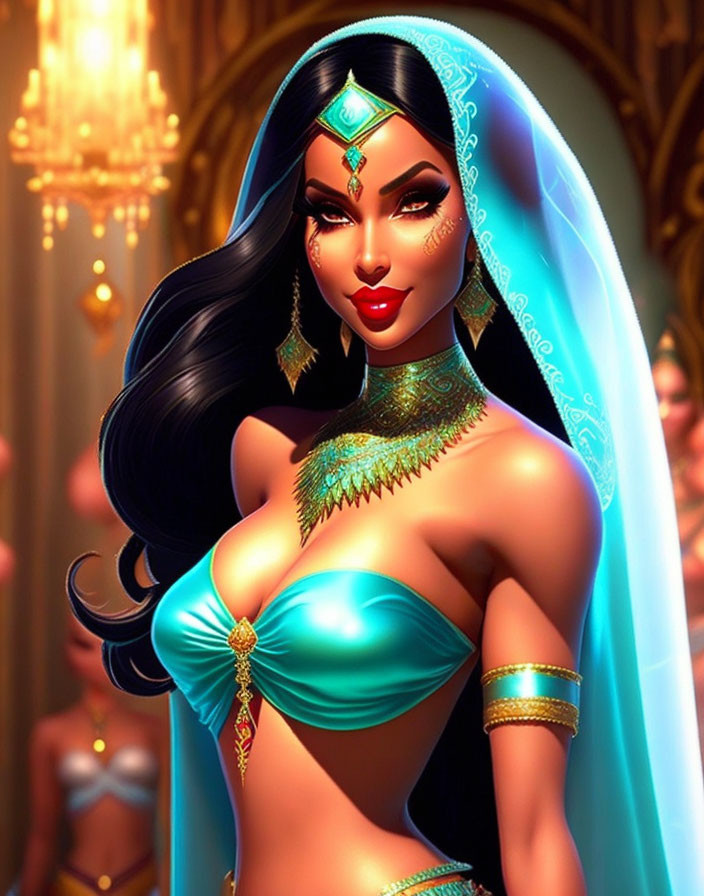 Black-Haired Animated Character in Teal Outfit with Gold Jewelry on Luxurious Background