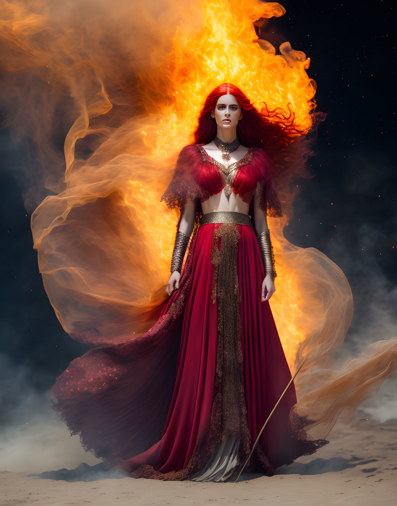 Fantasy woman in red outfit with fiery elements, dramatic sky scene