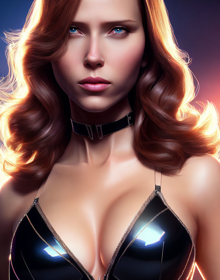 Digital artwork: Woman with blue eyes, auburn hair, black top, choker, on