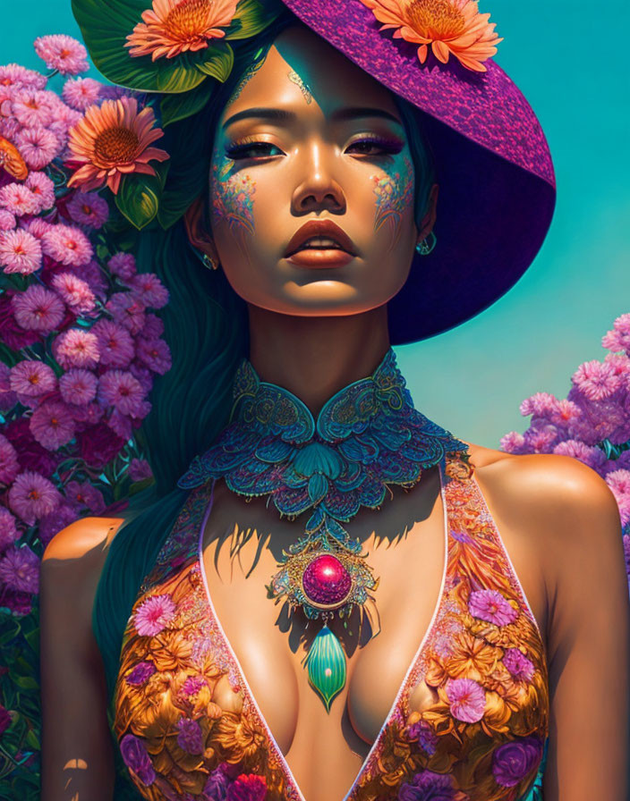 Digital artwork: Woman with floral body art, jewelry, hat, vibrant flower backdrop