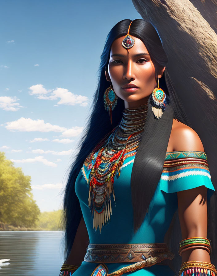 Traditional Native American woman with long black hair in colorful attire by river