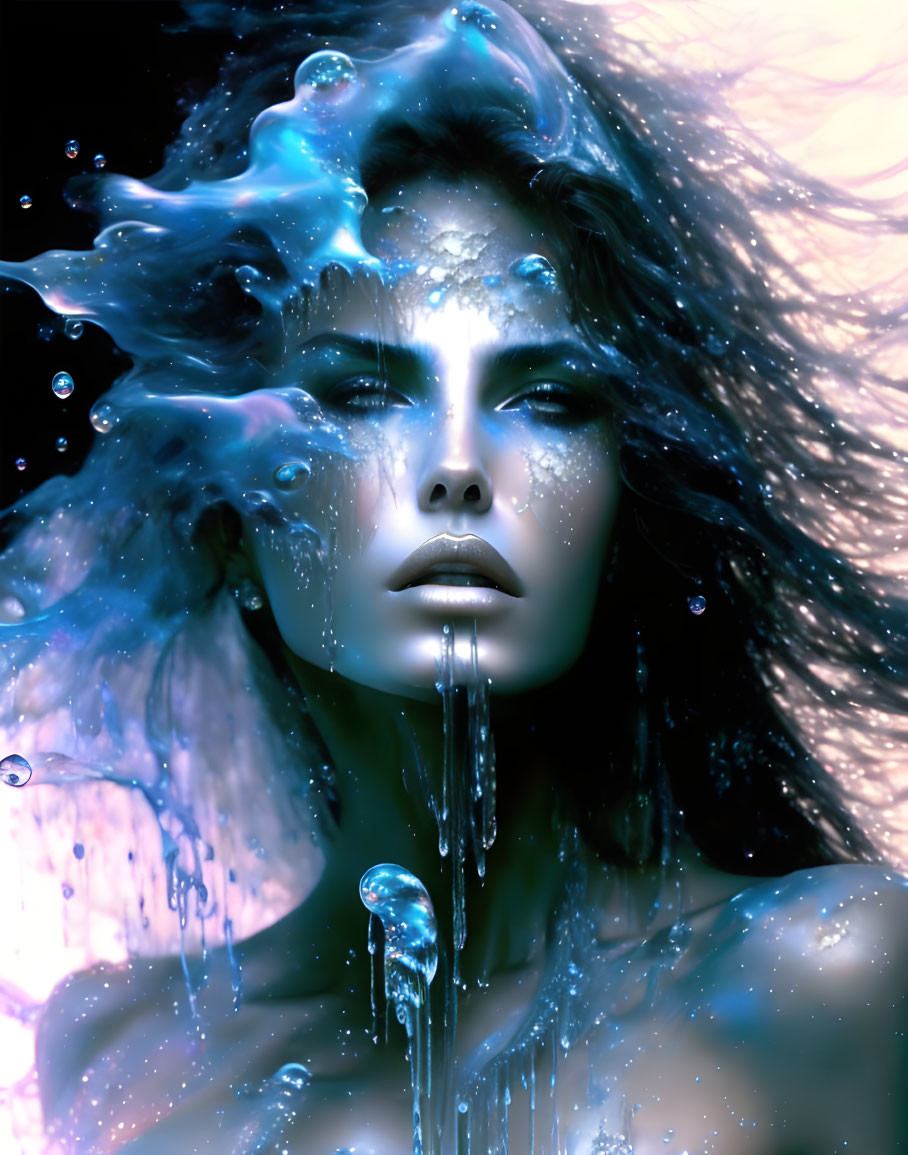 Woman's digital portrait with cosmic water elements and stars in flowing hair