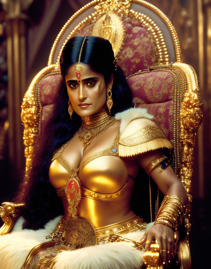 Regal woman on golden throne in traditional attire