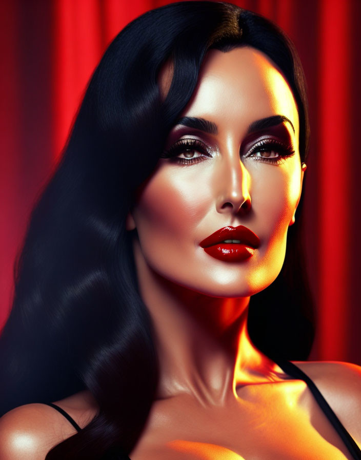 Dark-haired woman exudes elegance against red backdrop