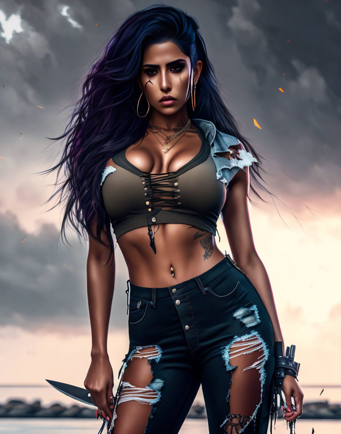 Purple-haired woman in ripped clothes wields knife under stormy sky